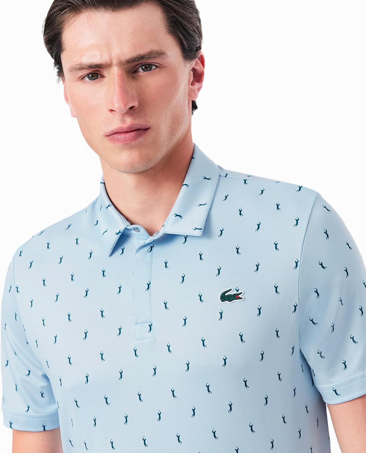 Мужская рубашка-поло для гольфа LACOSTE Защита от УФ-излучения, минималистичный принт по всей поверхности, скрытая передняя часть, сверхбыстрая сушка, синий/бирюзовый — фото 3
