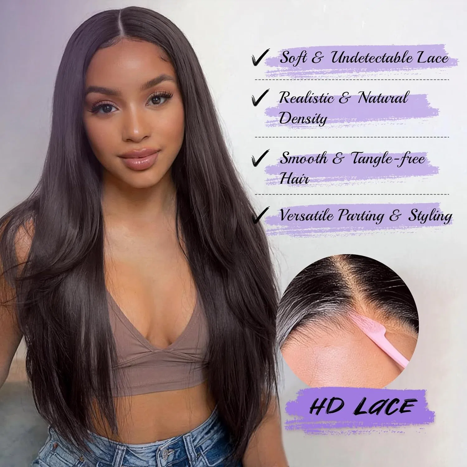 Длинный прямой парик «Lace Front» темно-коричневый 75 см от FESHFEN Feshfen, Dark Brown — фото 2