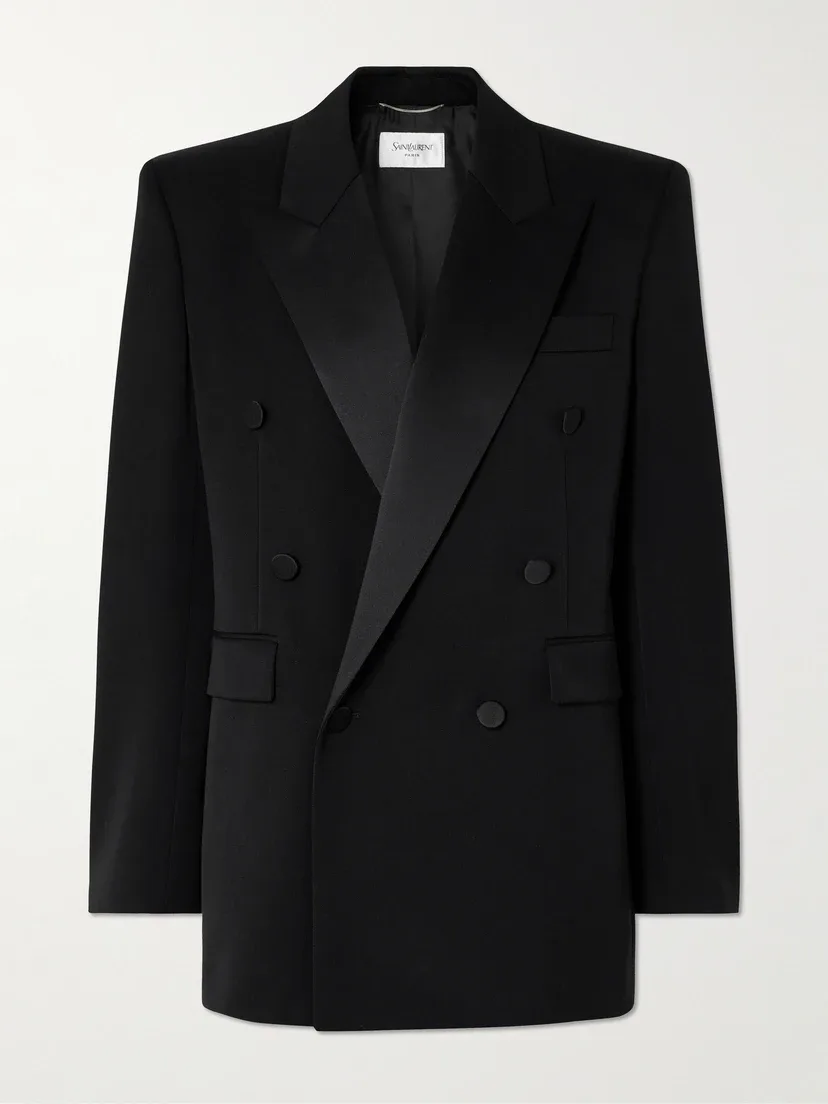 Двубортный шерстяной пиджак с атласной отделкой SAINT LAURENT, черный