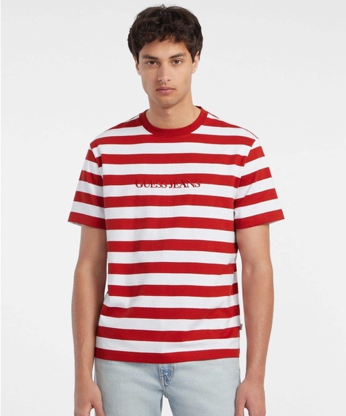

Джинсы GUESS, футболка с коротким рукавом в полоску, модель Ss Cn Reg GUESS JEANS, красный