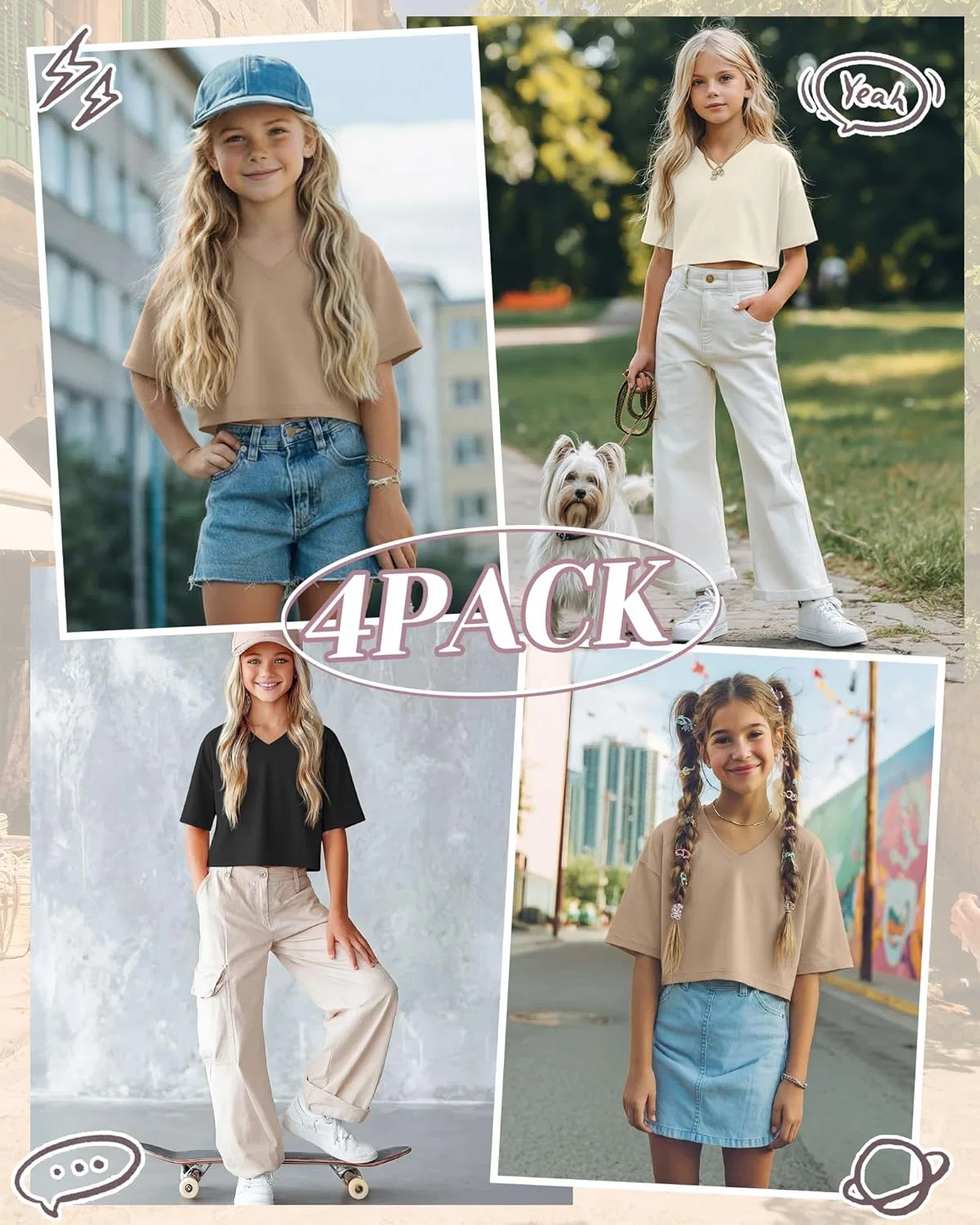 Детские топы с V-образным вырезом, коротким рукавом, 4 шт, LessonZoo, Black, Cream, Khaki, Brown, 5-14 лет — фото 2