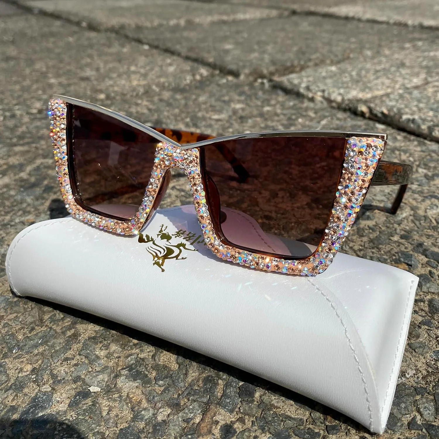 

Большие солнцезащитные очки «кошачий глаз» для женщин, модные солнцезащитные очки с квадратными стразами и бриллиантами, для вечеринки и Хэллоуина mincl, Champagne