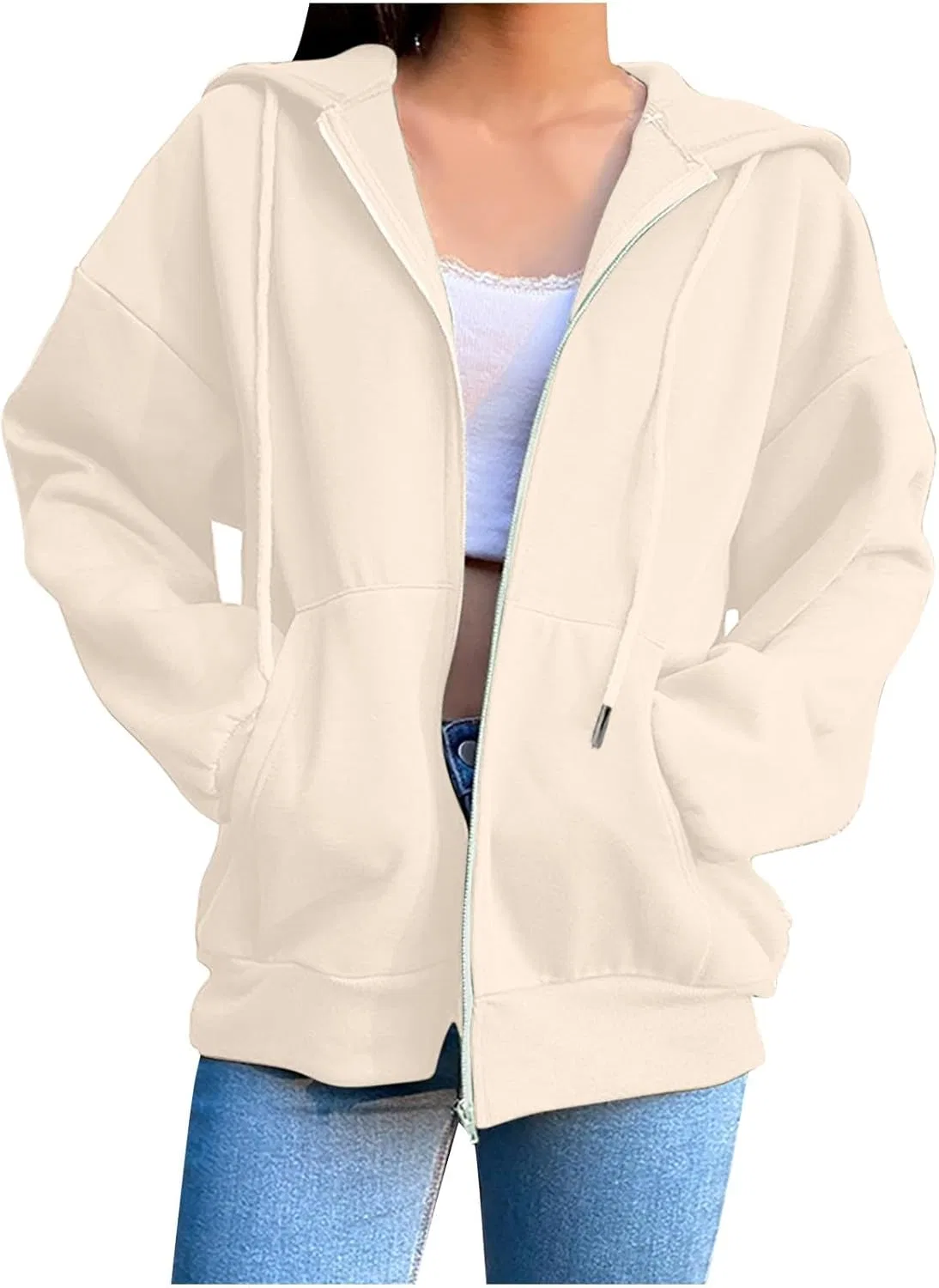 Женская толстовка на молнии, оверсайз, флисовая, с карманами, Beige