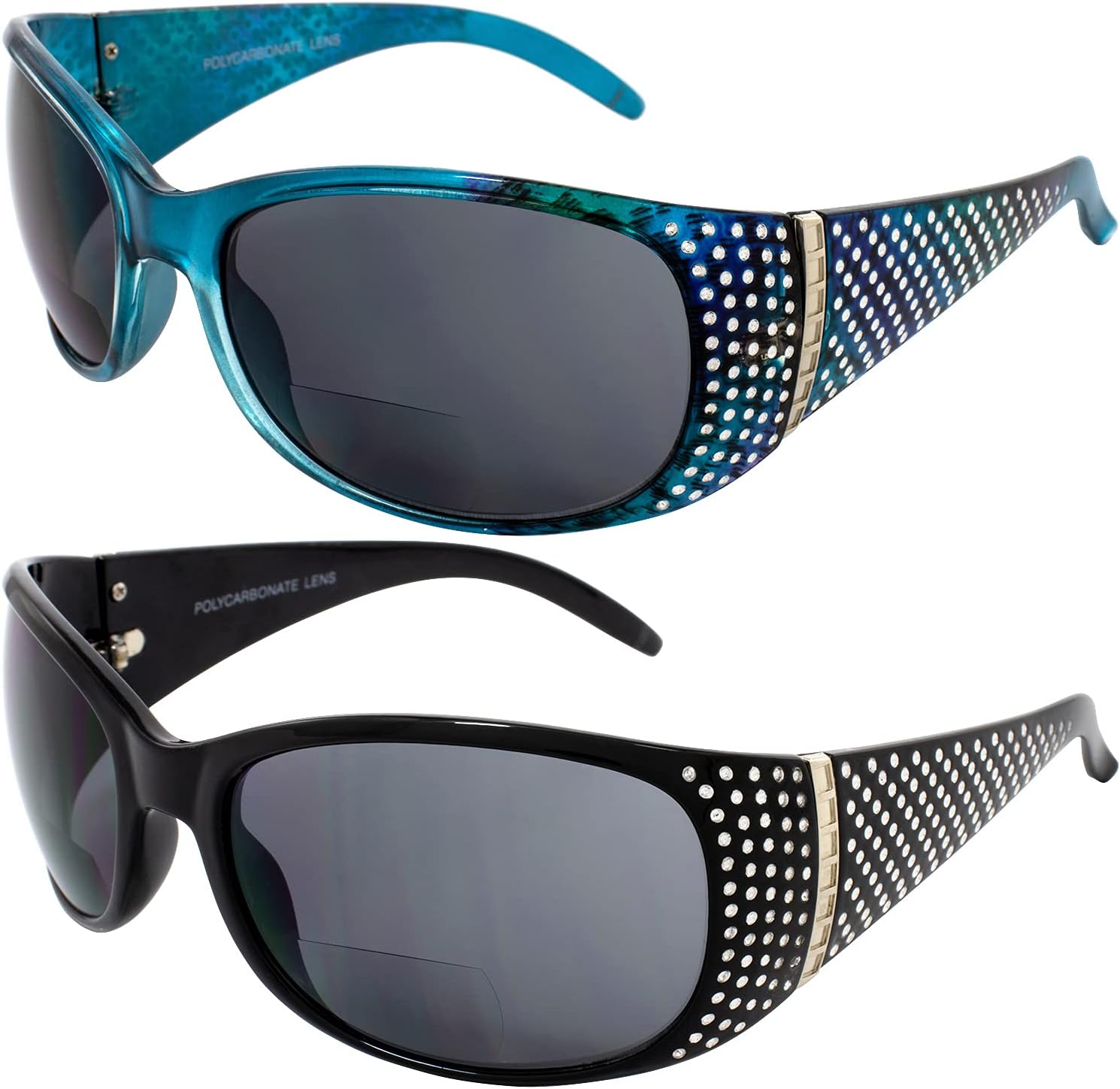 

Комплект из 2 женских модных мотоциклетных солнцезащитных очков Global Vision Galaxy с бифокальными линзами, хромированными стразами, черно-синей оправой и увеличением 3.0, Smoke