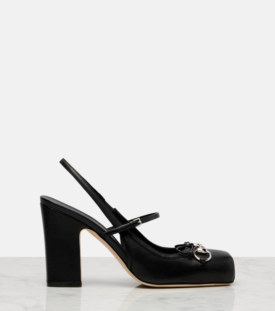 Кожаные туфли-лодочки с перемычкой и ремешком на каблуке Horsebit Gucci, Black/Black — фото 4