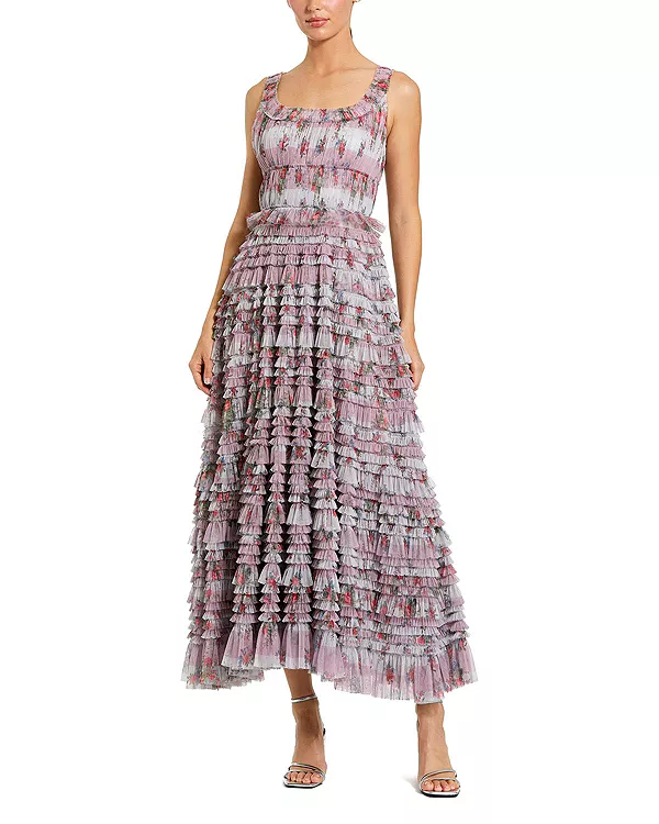 

Платье-Миди без рукавов с цветочным принтом и многослойными оборками Mac Duggal, фиолетовый