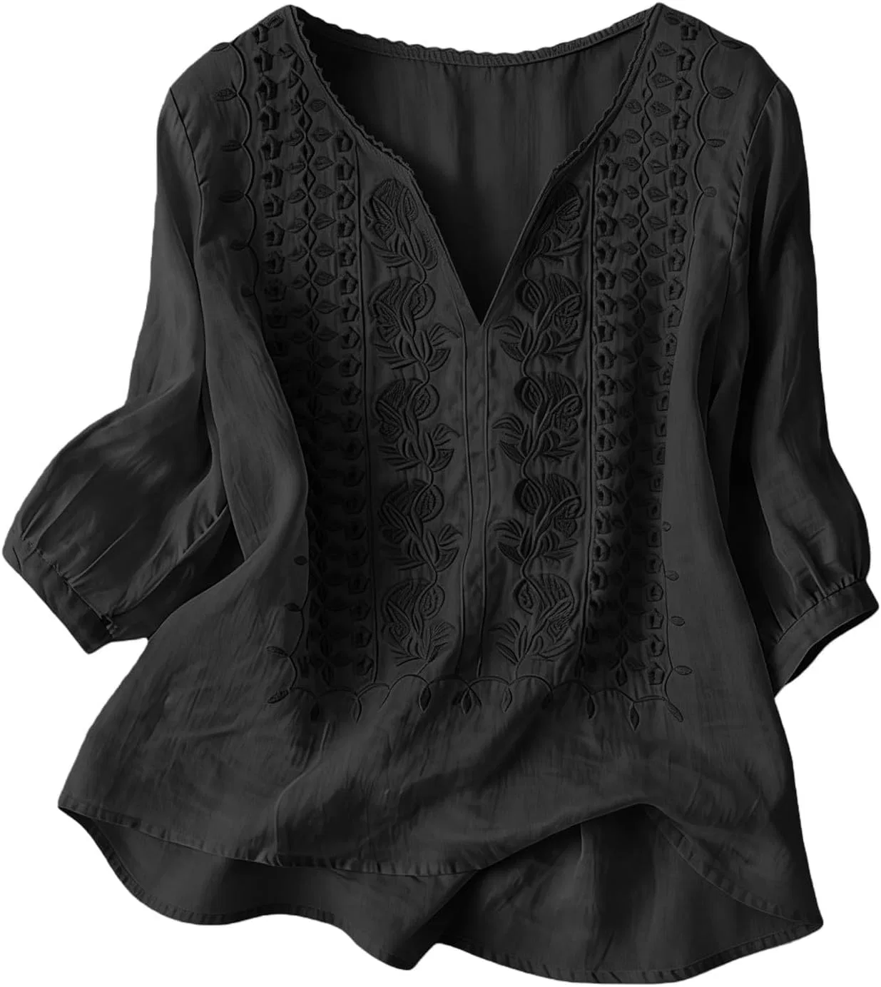 Блуза с вышивкой, 3/4 рукав, хлопок-лен, 5-black