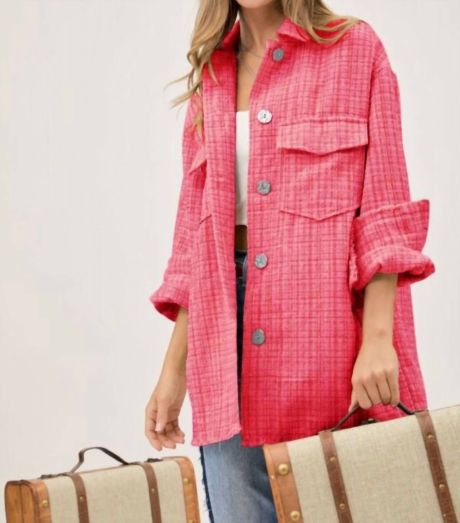 

Воротниковая рубашка-овершот с накладными карманами и необработанным краем DAVI & DANI, красный