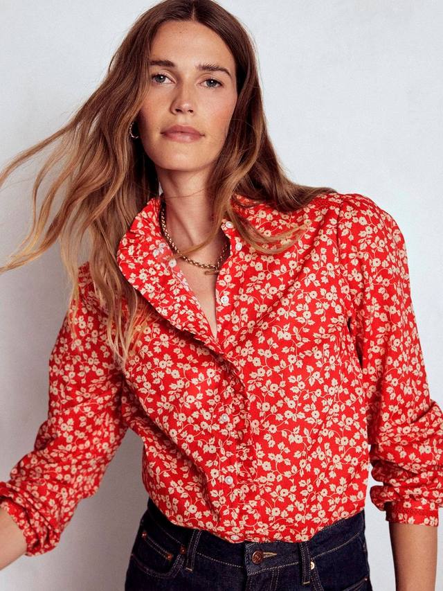 

Топ Helena с цветочным принтом и воротником-рюшами Boden, Red/White