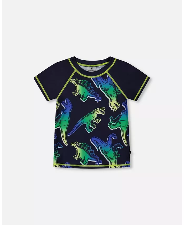 

Мальчиковый рашгард с коротким рукавом Blue And Green Dino On Navy Deux par Deux, синий