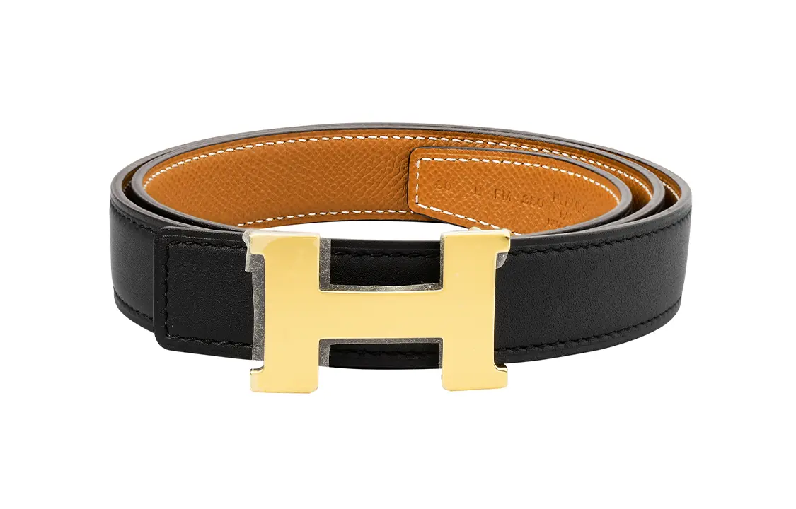 

Кожаный ремень из телячьей кожи женский черный золотой ширина 2,4 см HERMES