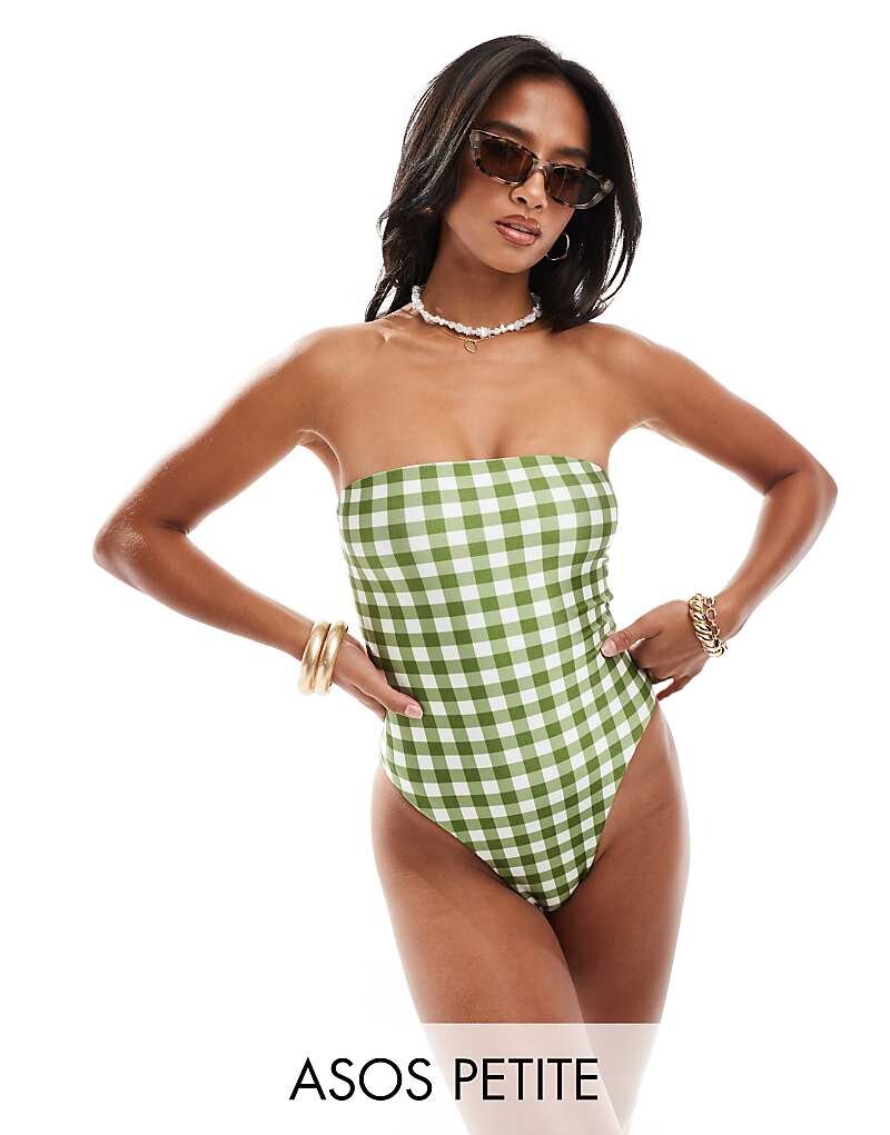 

ASOS DESIGN Petite – Элегантный купальник без бретелек зеленого цвета в мелкую клетку