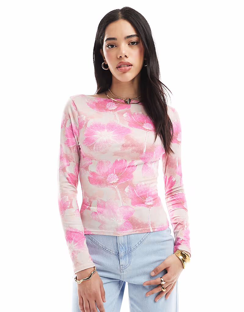 

Розовый топ из джерси с абстрактным цветочным принтом Miss Selfridge