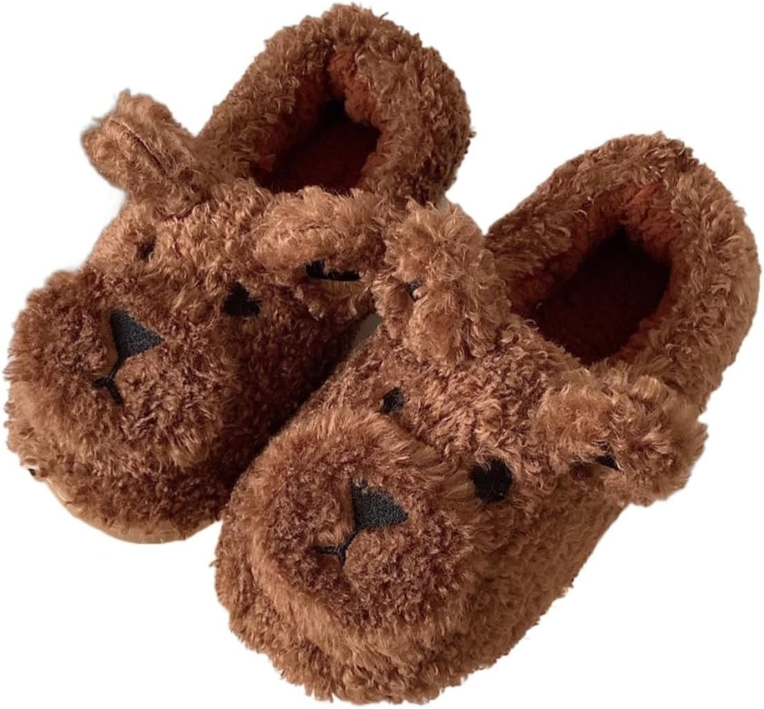 

Милые тапочки в виде медвежонка для женщин и мужчин, мягкие и теплые, мультяшные домашние тапочки для зимы, с нескользящей подошвой для дома и улицы Pzq, коричневый