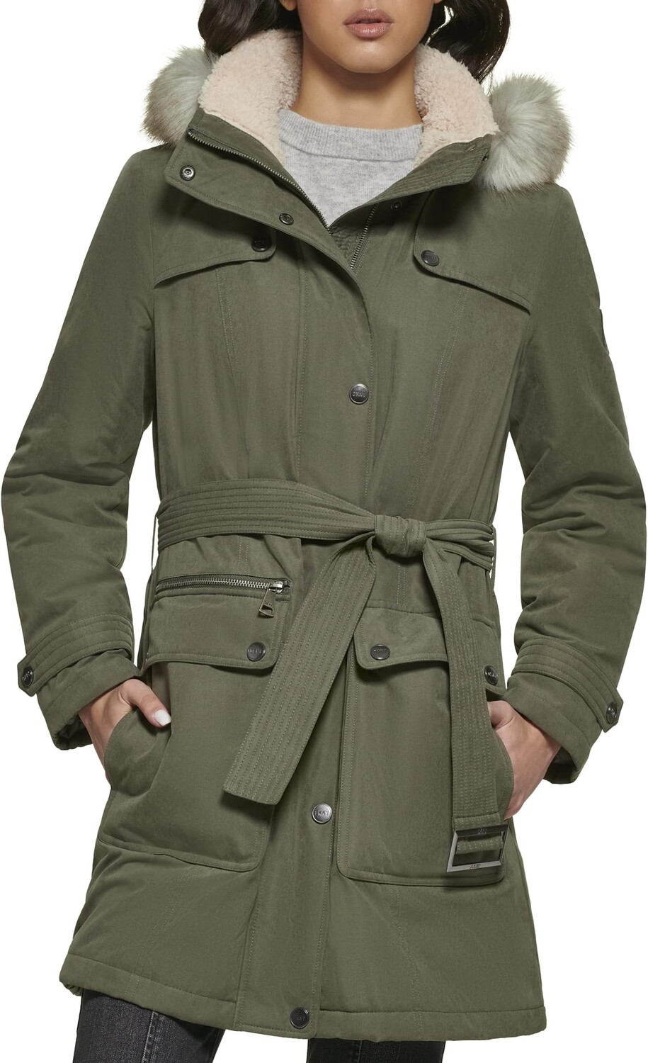 

Анорак DKNY Faux Fur Hood Belted Anorak, цвет Olive