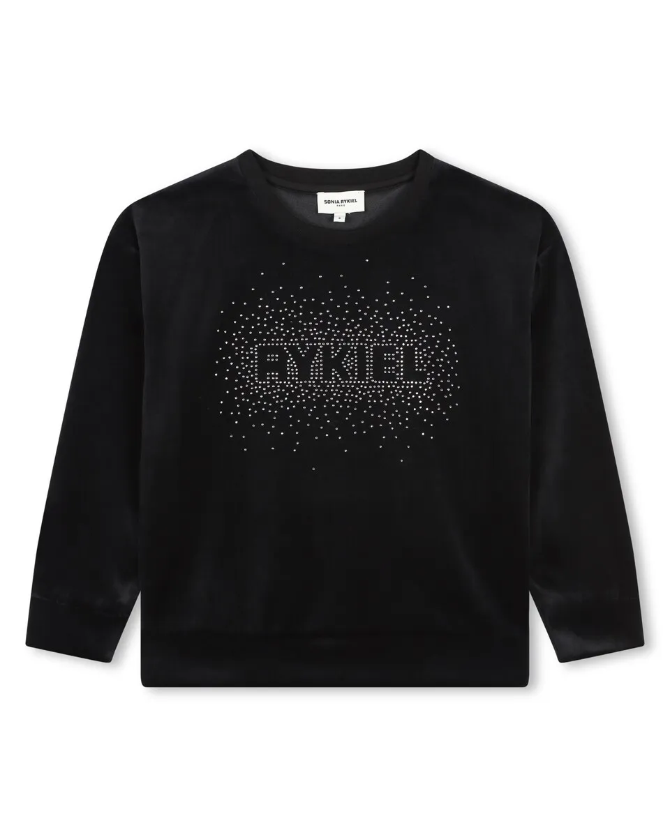 

Бархатный свитшот для девочки с логотипом из стразов Sonia Rykiel, черный