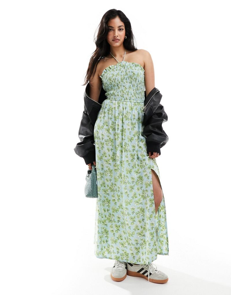 

ASOS DESIGN – синее платье макси с рюшами и мелким узором
