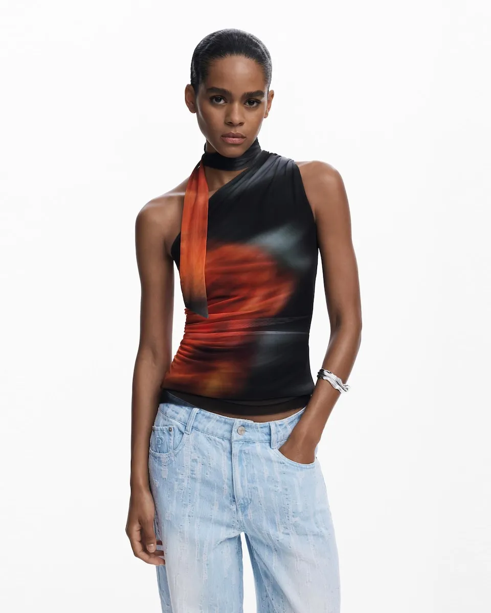 

Женская футболка с узлом на вырезе Desigual, черный/оранжевый