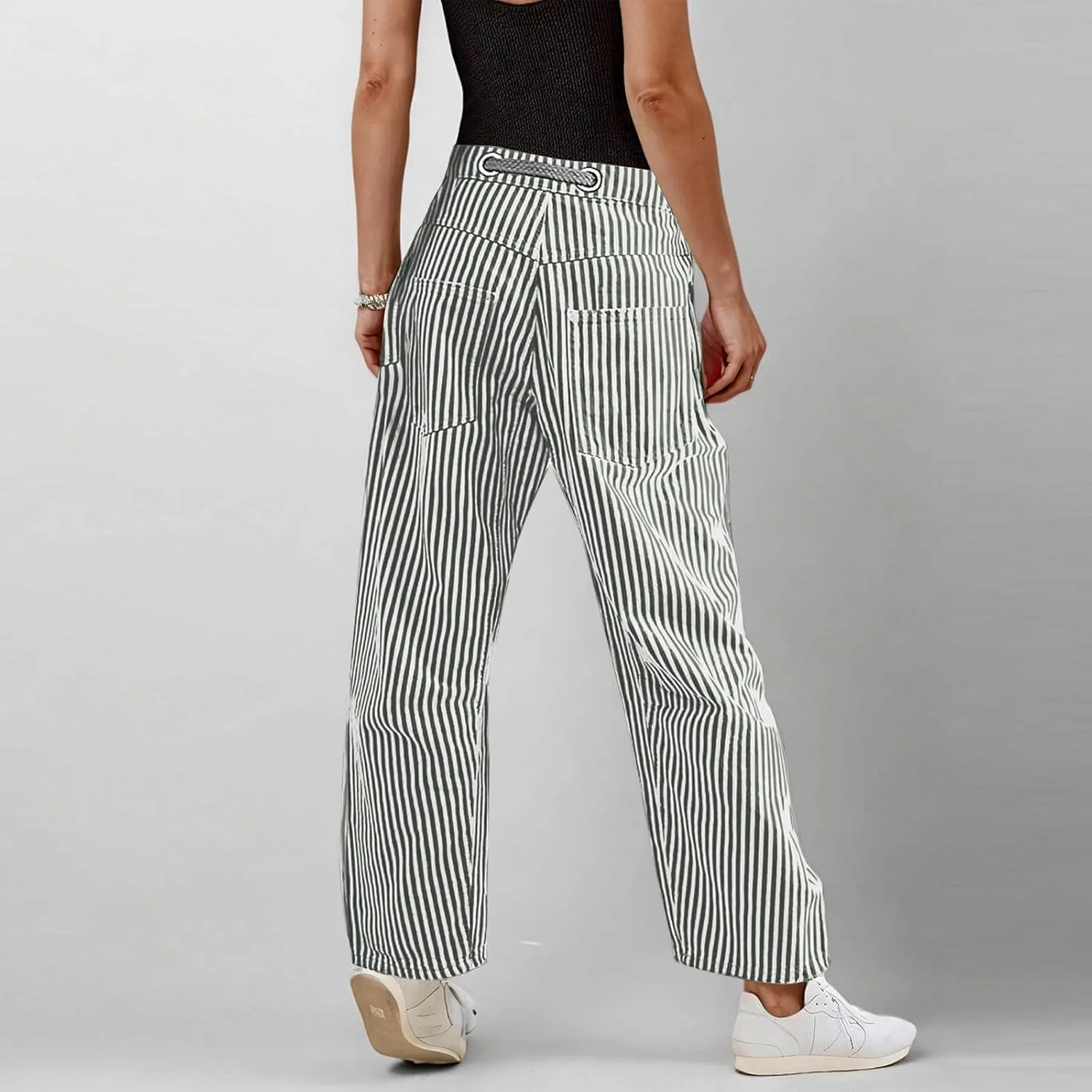 Женские брюки Classic Stripe Print с модным пэчворком, на шнурке, с высокой талией, широкие, с карманами Generic, синий — фото 3