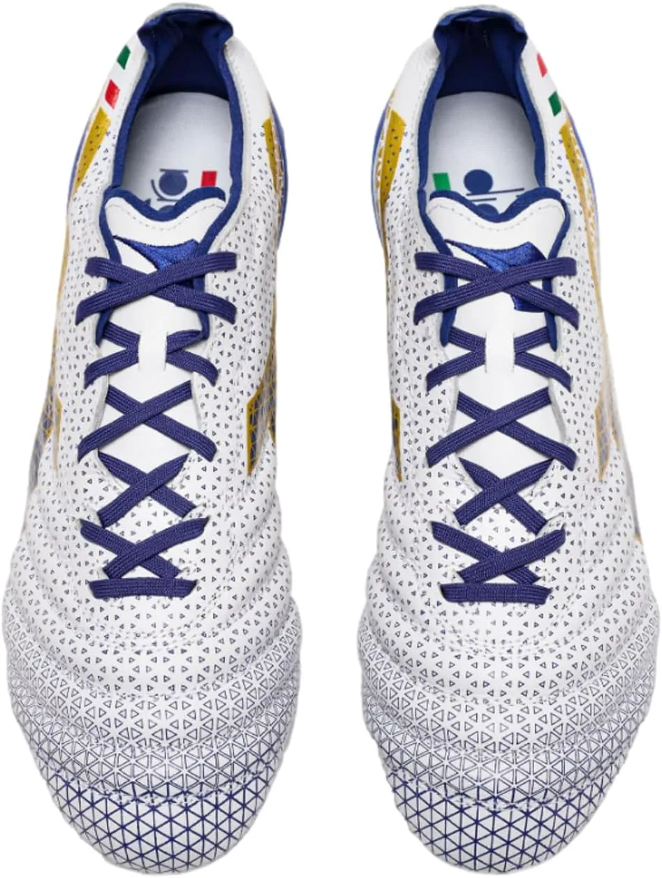 Футбольные бутсы Diadora Brasil Elite Tech GR ITA LPX для мужчин, жесткое покрытие - Сделано в Италии, ультра-мягкая премиальная кожа, современный дизайн Calcio, съемная стелька, белый/синий/золотой — фото 4