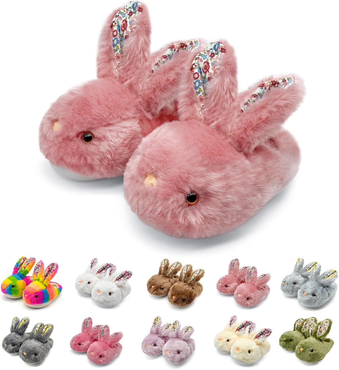 

Женские пушистые тапочки с ушками кролика и цветочным принтом, плюшевые тапочки-зайчики для дома, большие размеры, хлопковые, милые домашние зимние тапочки с нескользящей подошвой для мужчин, девушек и подростков Sutexle, розовый
