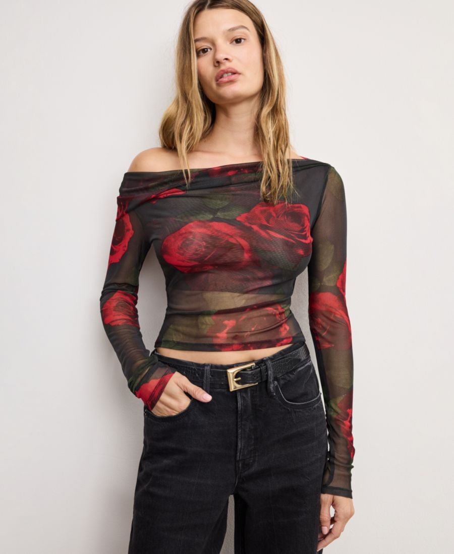 

Женский асимметричный топ из сетчатой ткани с драпировкой, стандартные и большие размеры Good American, Moody Red Roses