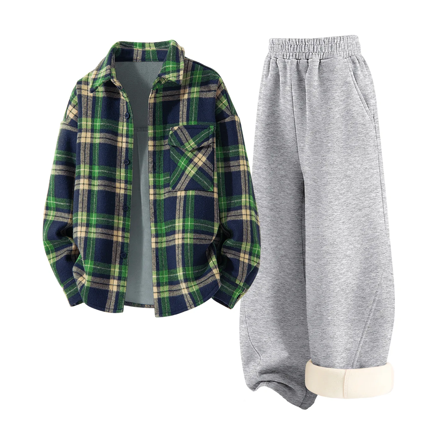 Детский спортивный костюм с воротником-стойкой на флисе Disney, [Thickened and Fleece-Lined]Solid Color Rum Brown Plaid+Solid Color Heather Gray — фото 3