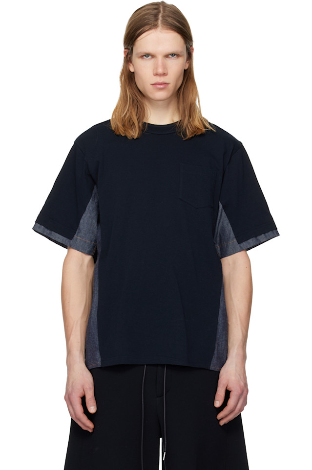 

Sacai Футболка из легкого денима и хлопкового трикотажа темно-синего цвета
