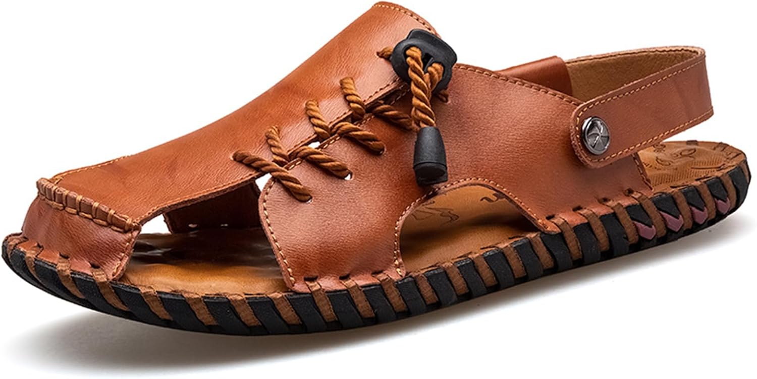 

Мужские летние кожаные сандалии Abborora ручной работы с закрытым носком, повседневные пляжные сандалии-рыбаки для активного отдыха на улице, коричневый