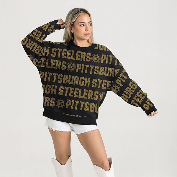 

Женский черный свитшот Pittsburgh Steelers Oversized Hype Era с текстом из страз Gameday Couture