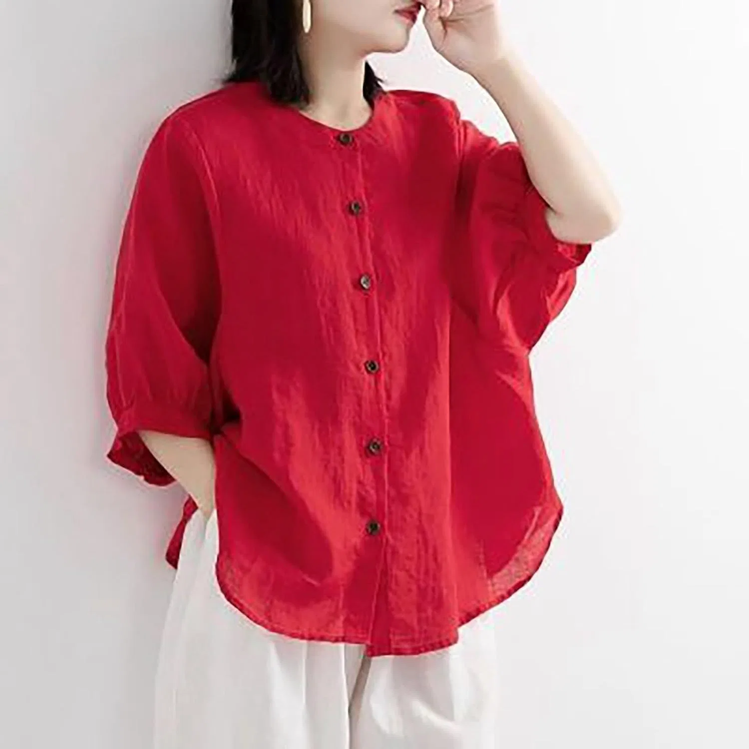 Поло женское, свободный крой, Lantern Sleeve, красный — фото 2