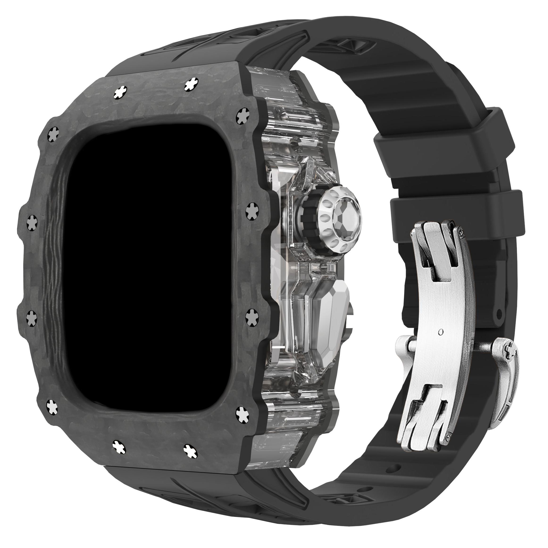 

HUALIMEI Часы Strap Apple Compatibility Fluoroelastomer Material 165mm~210mm 60mm, Transparent middle frame + original silver butterfly buckle black belt