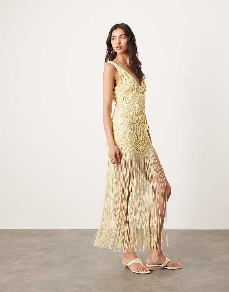 

Желтое платье макси из атласа Cornelli с вышивкой и бахромой ASOS EDITION
