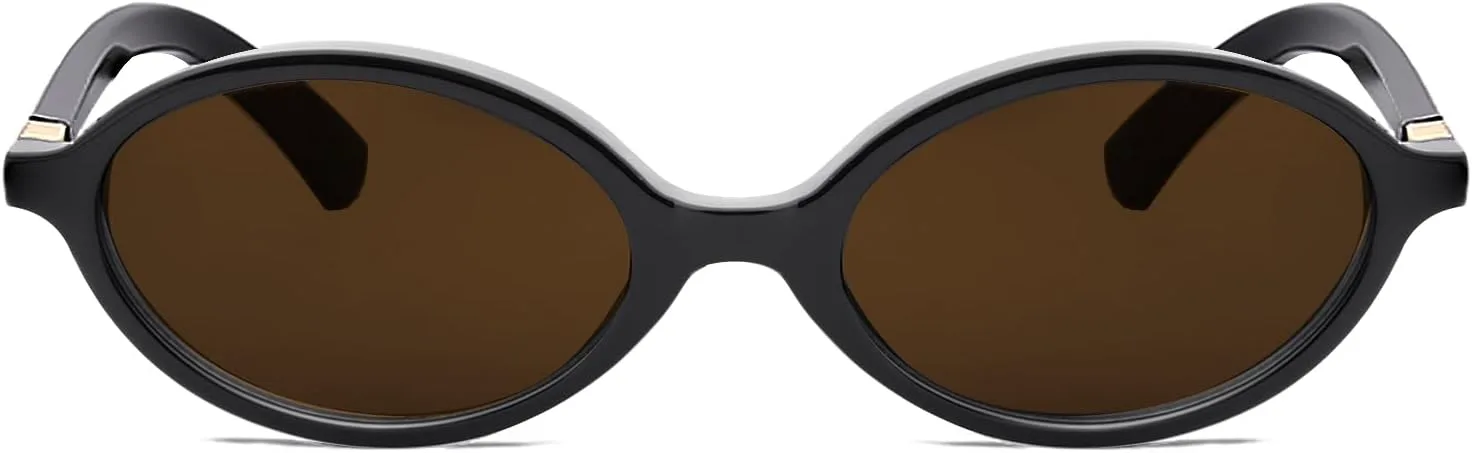 

Ретро-винтажные солнцезащитные очки в овальной оправе для женщин, модные маленькие круглые, в стиле 90-х, милые солнцезащитные очки AENMTU, Black Frame/ Brown Lenses