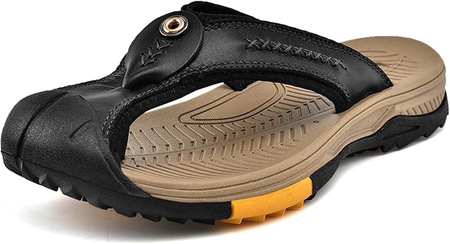 

Мужские сандалии-шлепанцы премиум-класса из натуральной коровьей кожи, с защитным носком и нескользящей резиновой подошвой. Стильная летняя обувь Generic, черный