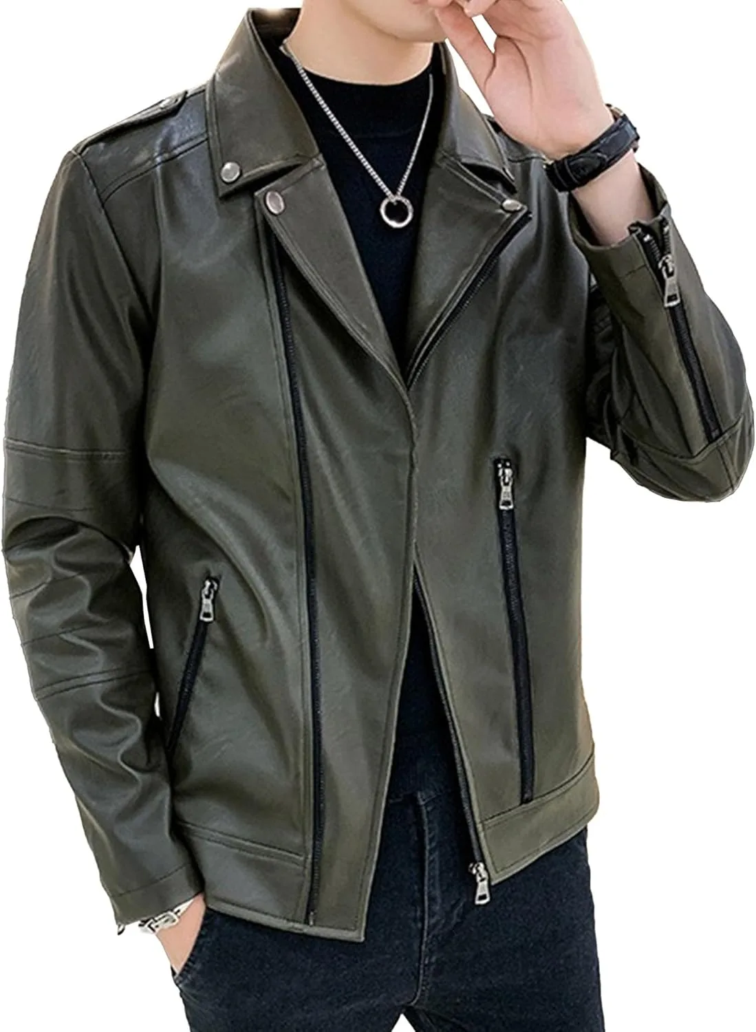 Мужская кожаная куртка с асимметричным лацканом и боковой молнией, приталенный крой, мотоциклетная куртка байкерская из искусственной кожи Generic, зеленый