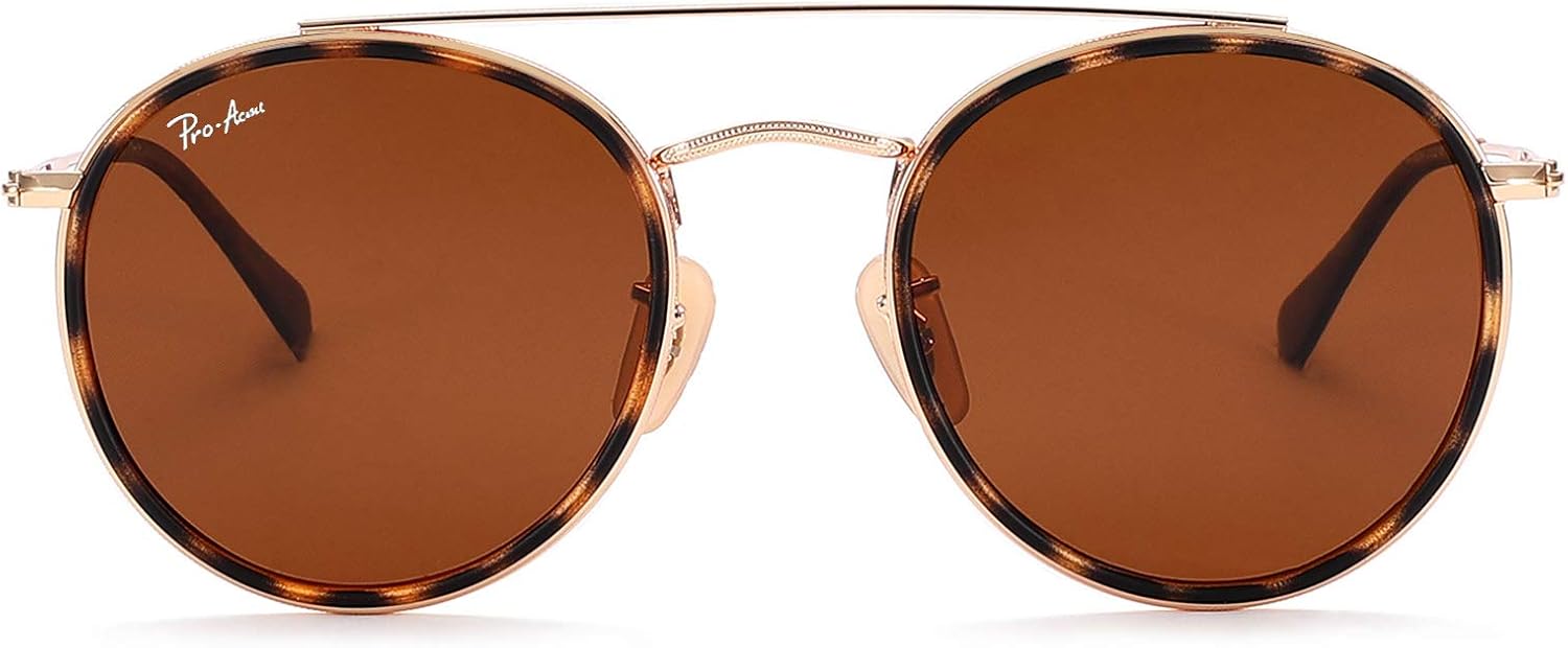 

Солнцезащитные очки Pro Acme Retro Round для женщин и мужчин, 100% настоящие стеклянные линзы, двойная перемычка, круглая форма, защита от УФ-излучения UV400, A4 - Gold/Brown
