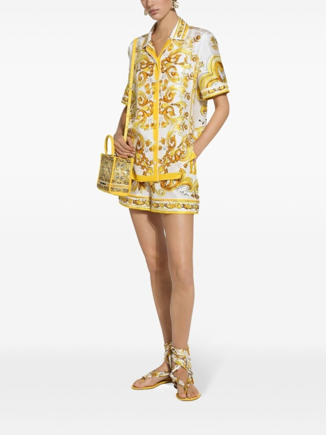 Dolce & Gabbana шелковая рубашка с принтом Majolica, желтый — фото 2