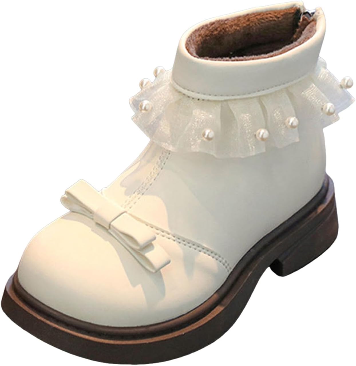 

Девочкам модное короткое платье с ботинками с кружевом и жемчужным декором, утолщенной подошвой, однотонные, классические, нескользящие, милые ботиночки с бантиком, кожаной задней молнией, ботильоны Generic, White