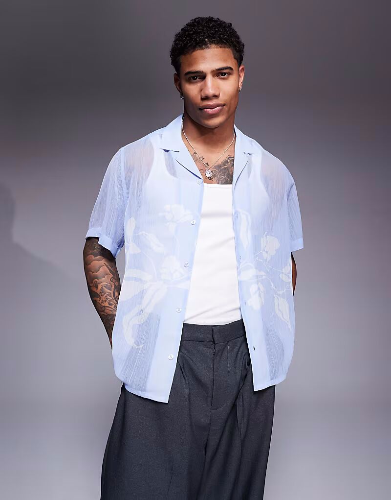 

ASOS DESIGN свободная прозрачная рубашка revere с цветочным принтом синего цвета