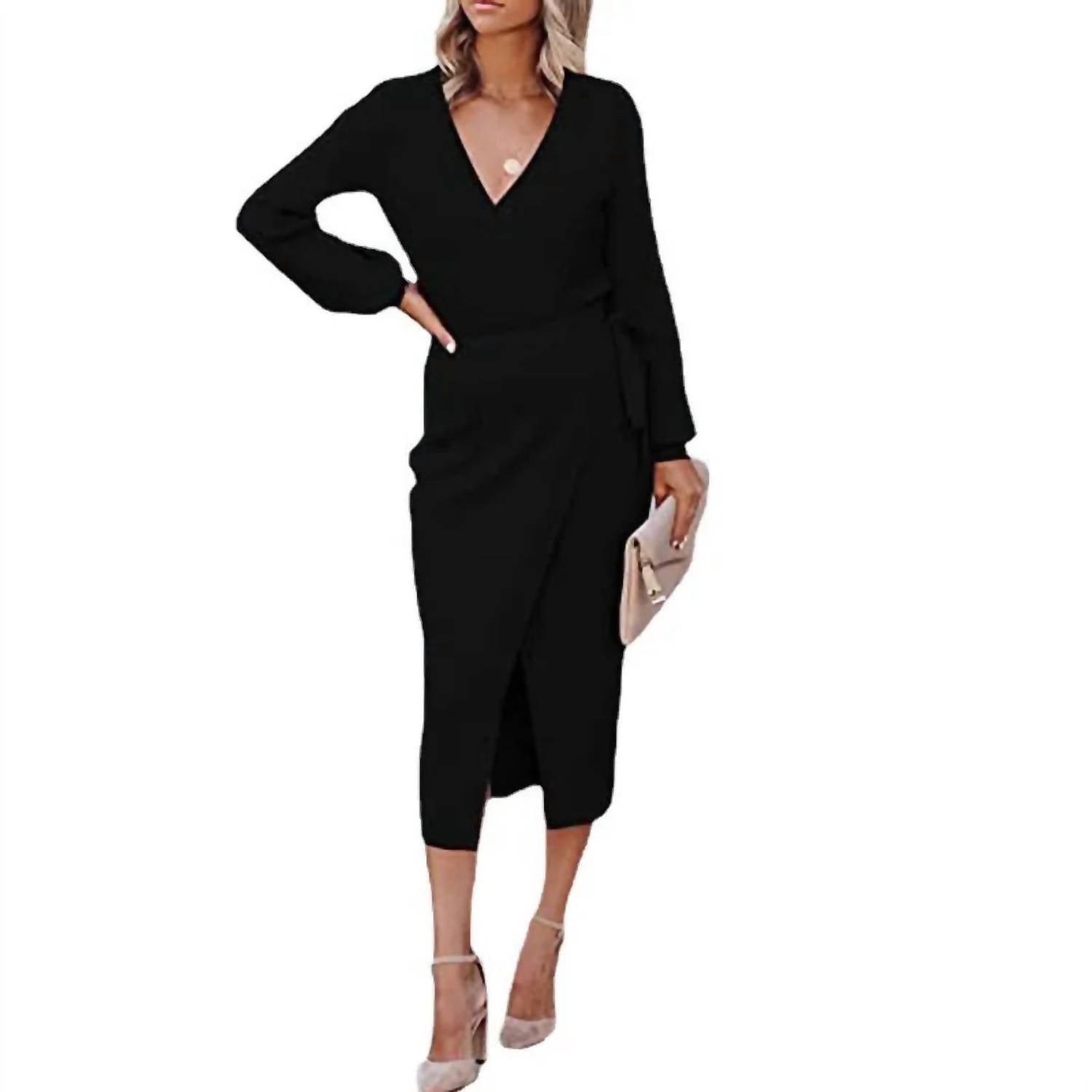 

Женское трикотажное платье с V-образным вырезом и поясом, черное Nihao Jewelry, черный