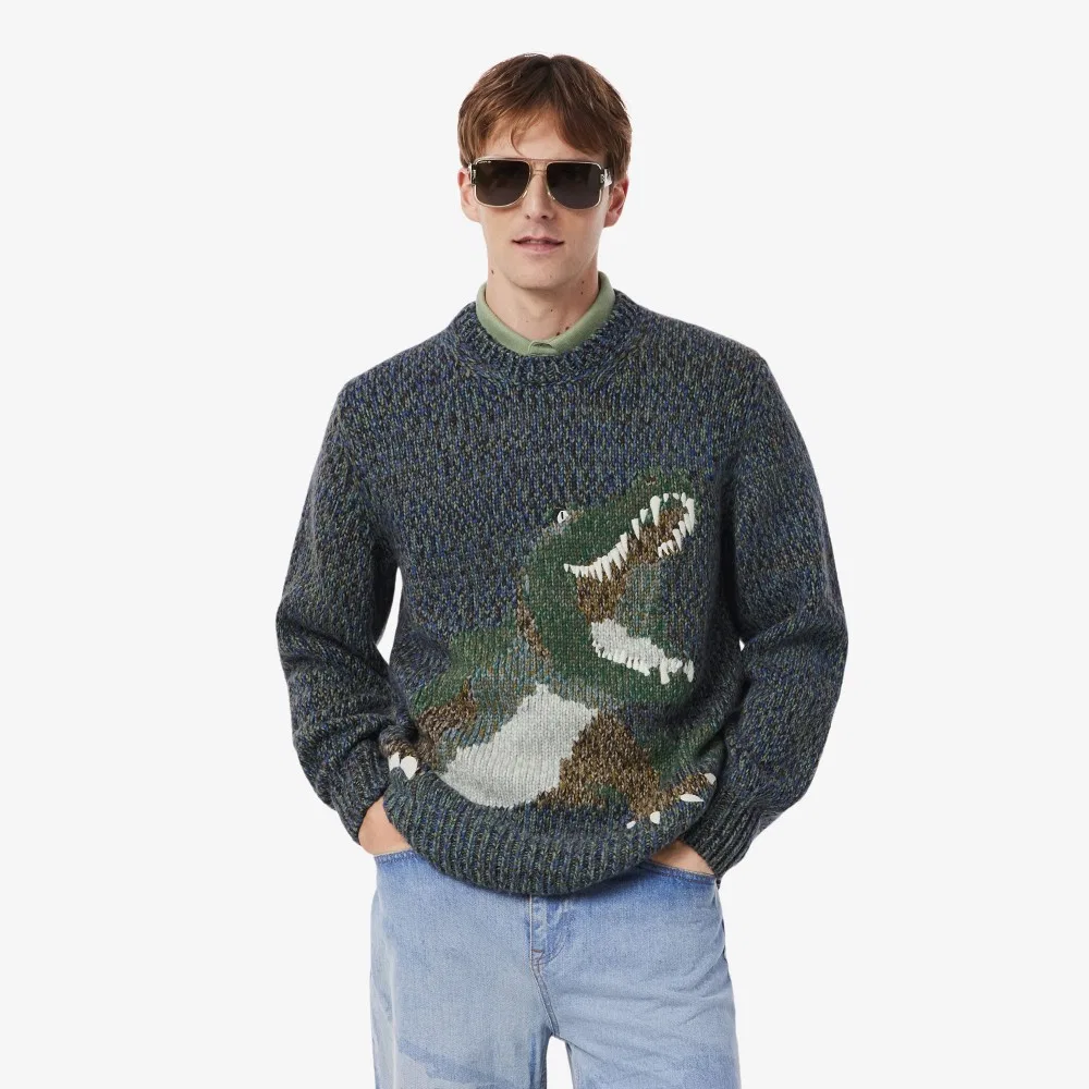 Мужской тяжёлый пуловер с интарсией синего цвета от Lacoste