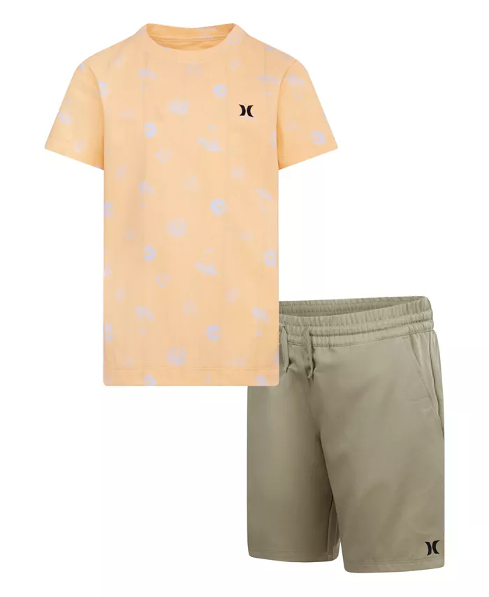 

Детский комплект для мальчиков: футболка с принтом и шорты (2 предмета) Hurley, коричневый/бежевый