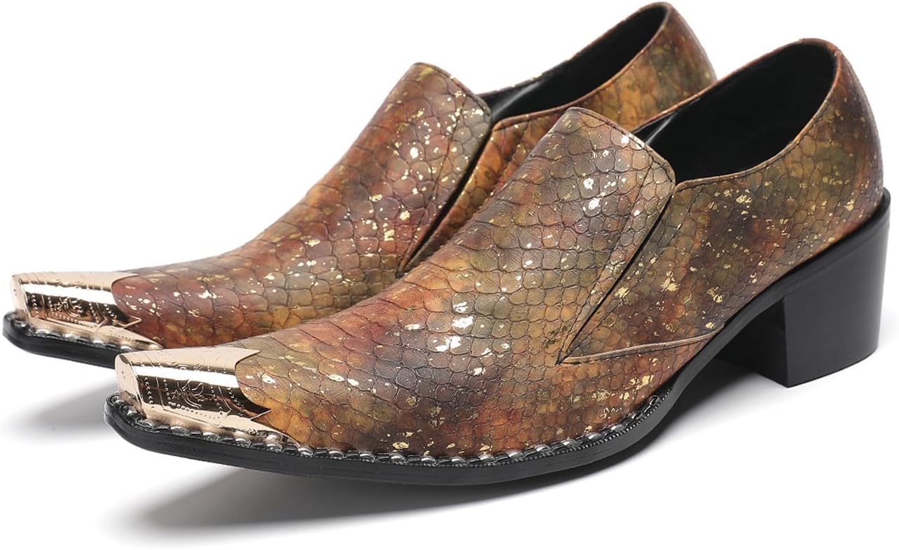 

Мужские повседневные туфли из экзотической кожи змеи, слипоны-лоферы - стильный металлический носок, удобный устойчивый каблук, идеально подходят для свадьбы, вечеринки, бального танца, бара и полуформальных мероприятий Santimon, Tan