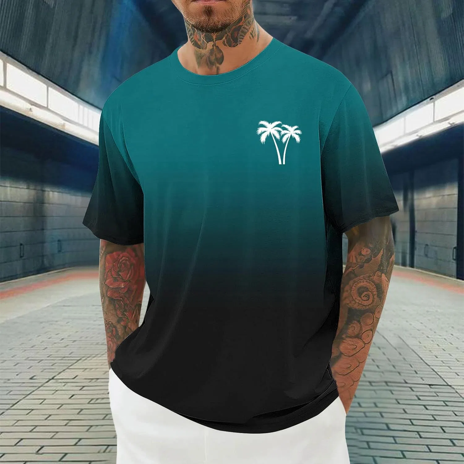 Футболка с градиентом и пальмами Generic, Mint Green — фото 2