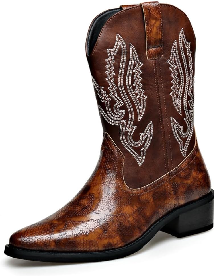 

Мужские ковбойские сапоги Hawecobo Western, кожа с узором под змею, вышитый дизайн, короткий голенище, черный и коричневый цвета, удобная посадка