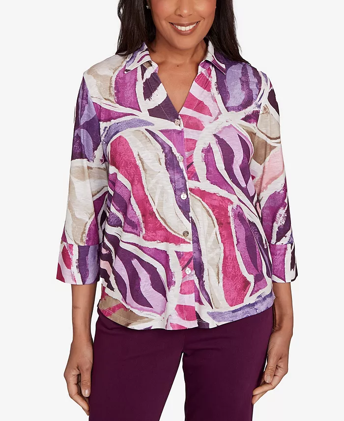 

Топ Petite Urban Legend с абстрактным цветочным принтом и пуговицами спереди Alfred Dunner, фиолетовый