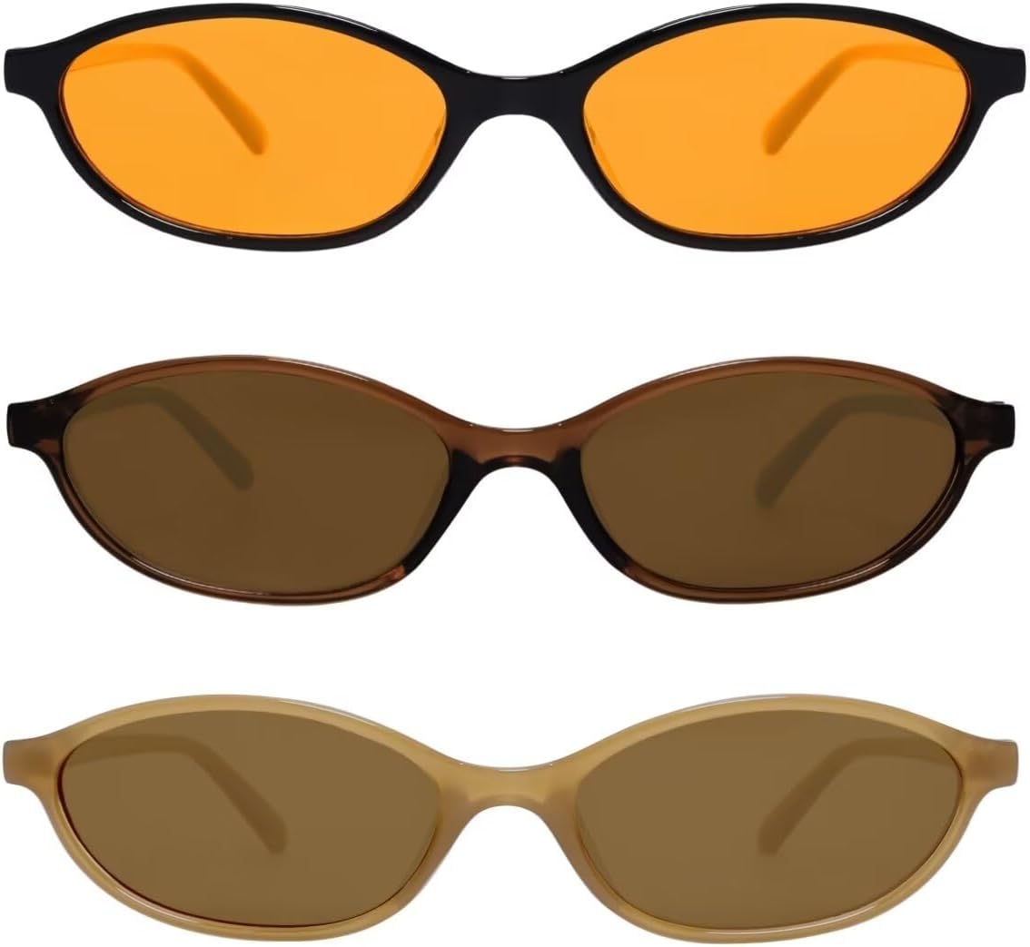 

Ретро-солнцезащитные очки овальной формы для женщин, стильные «кошачий глаз» в стиле 90-х, легкие, узкие, модные, с защитой от УФ-излучения GUVIVI, 3 Pack Orange + Brown + Olive