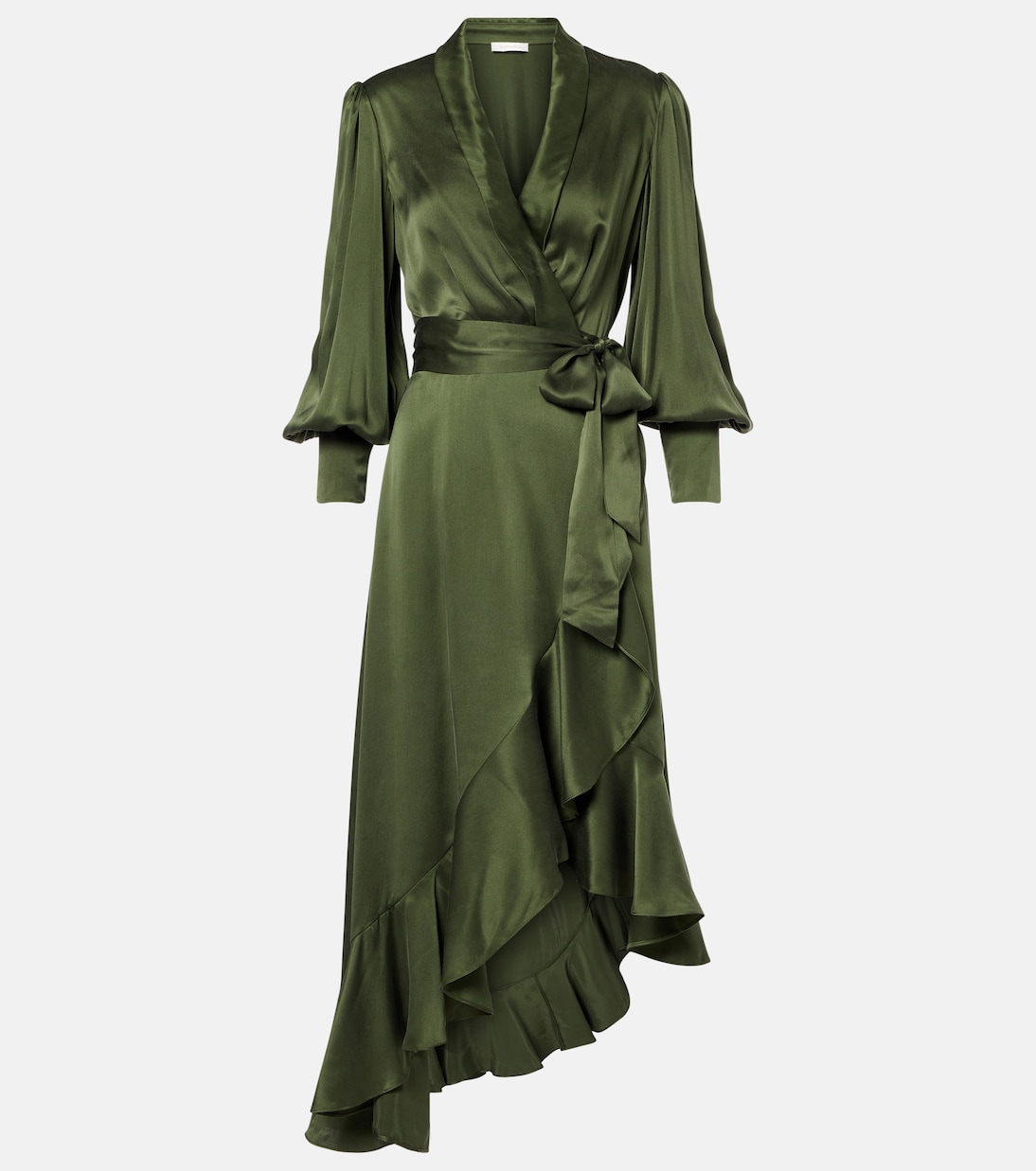 

Асимметричное платье-халат из шелкового атласа Zimmermann, Dark Green