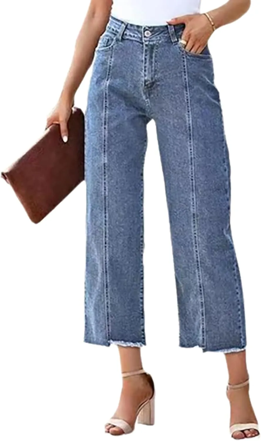 

Женские джинсы прямого кроя с пэчворком, высокая талия, рваный край QLAUYIOE